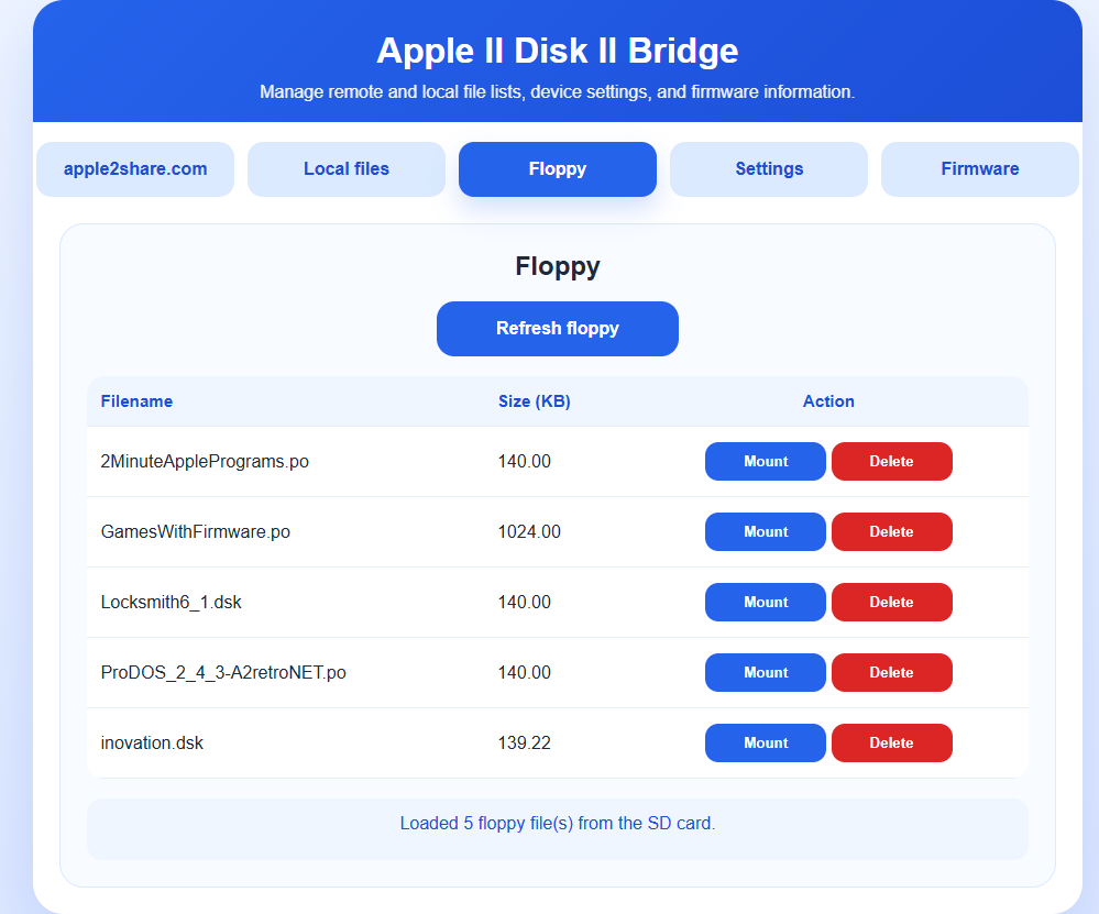ESP32 Floppy page showing disk image files