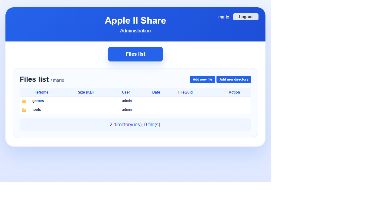 Files list for the authenticated user mario